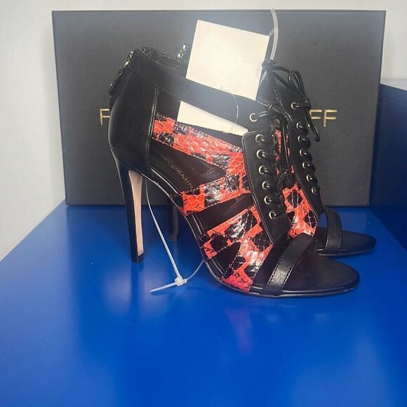 Nib Rebecca Minkoff Black Red Snake Print Lace High Heels Booties 36 / 6 - Picture 2 of 12
